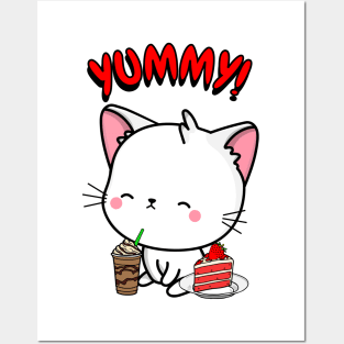 Cute white cat is having coffee and cake Posters and Art